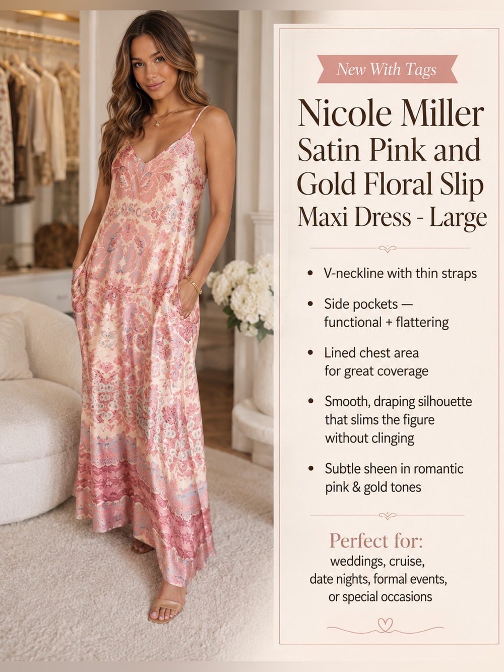 Nicole Miller Satin Pink and Gold Floral Maxi Slip Dress